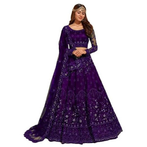FASHION Women's Semi Stitched Net Lehenga Choli with Embroidered Pattern pureple