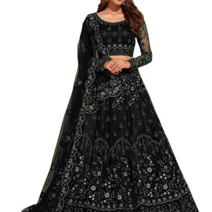 FASHION Women's Semi Stitched Net Lehenga Choli with Embroidered Pattern Unstitched Blouse Piece and Dupatta Set black