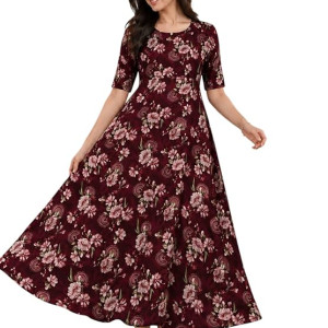 Women's Maroon Floral Printed Fit & Flare Maxi Dress with Half Sleeves