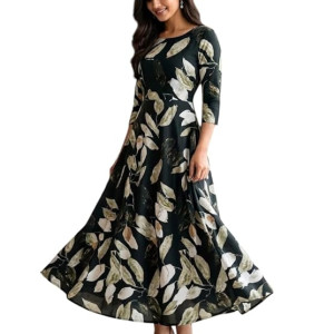 Women's Black Leaf Printed Anarkali Maxi Dress with 3/4 Sleeves