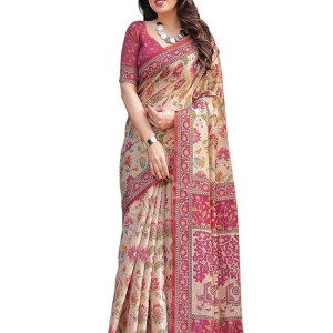 Women's Cotton Linen Printed Handloom Saree with Unstitched Blouse Piece