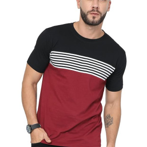 Mens Cotton Half Sleeve Striped Round Neck T Shirt