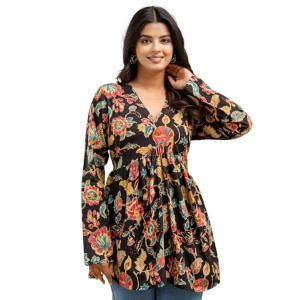 Cotton V Neck Anarkali Short Kurti for Women Full Sleeve Floral Print , black