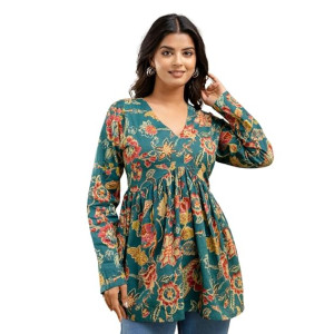 Cotton V Neck Anarkali Short Kurti for Women Full Sleeve Floral Print  Pine Green