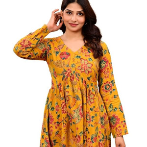Cotton V Neck Anarkali Short Kurti for Women Full Sleeve Floral Print , Yellow