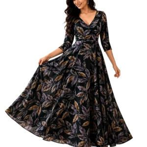 Women's Black Botanical Leaf Printed V-Neck Flared Maxi Gown