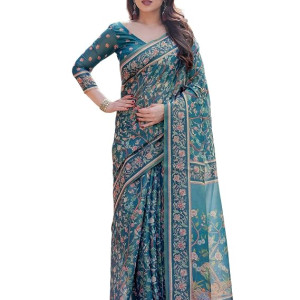 Women's Cotton Linen Printed Handloom Saree with Unstitched Blouse Piece Blue