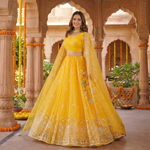 Semi-stitched Poly Net Yellow Embroidered Lehenga Choli Set with Dupatta